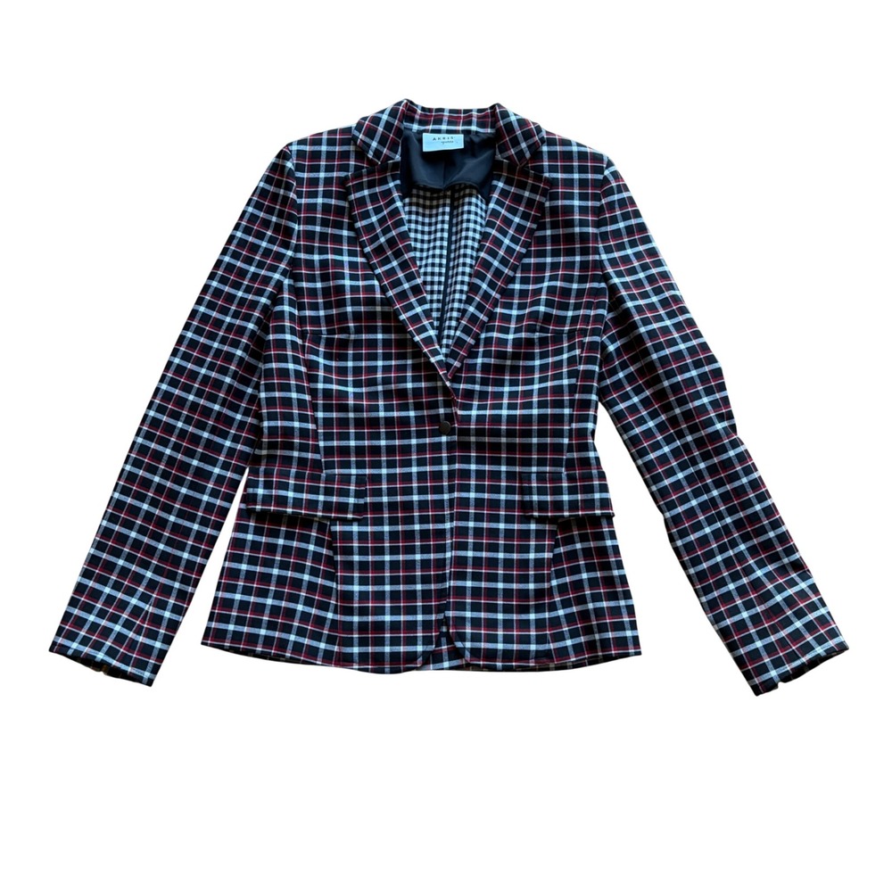 Akris Punto Plaid Blazer Jacket 6 Black Red Designer Dark Academia Career 423257